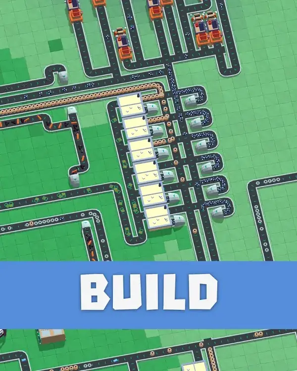 Schermata di Builderment con nastri trasportatori che collegano gli impianti